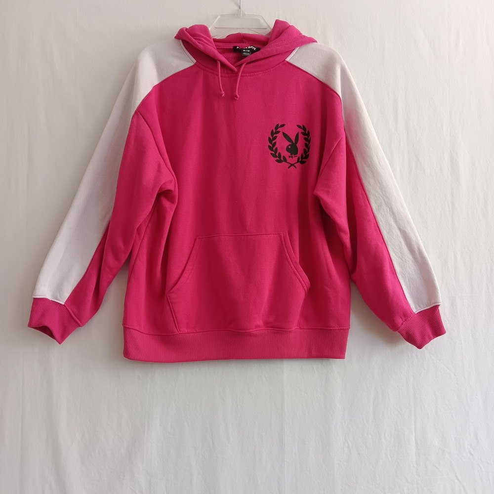 Playboy Hoodie Women M Pink Bunny Logo Side Stripe Pullover Sweatshirt